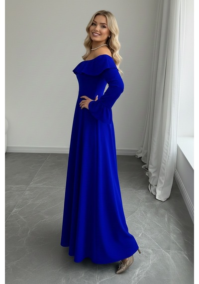 Defymoda Kadın Modern Kesim Fırfır Detaylı Elbise Mavi