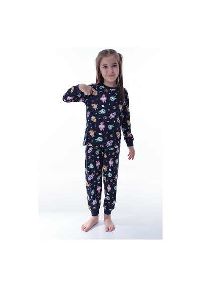 Unisex Çocuk Baskılı Pamuklu Pijama Takımı Rahat, Nefes Alan, Yumuşak Kumaşlı Uyku Takımı Lacivert