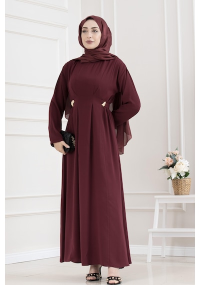 Sevitli Beli Toka Detaylı Tesettür Elbise-bordo-5661 Bordo