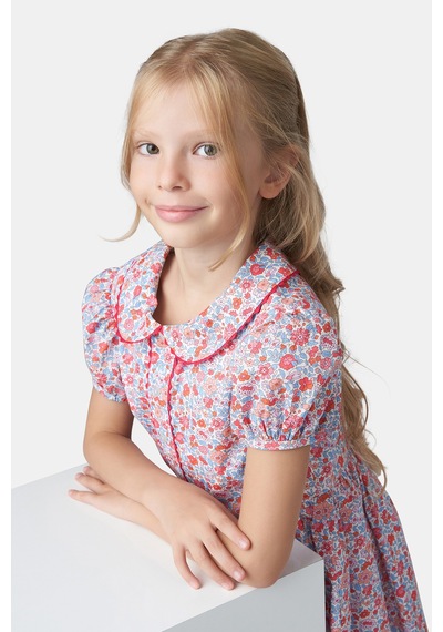 Made With Liberty Fabric Liberty Kumaş Bebe Yakalı Kız Çocuk Elbise Kırmızı
