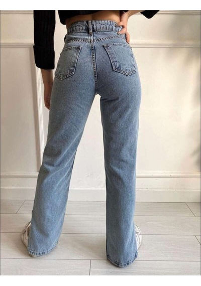 2035 Kadın Likralı Yanı Yırtmaçlı Bol Paça Jeans Kot Denim Pantolon Kar Yıkama