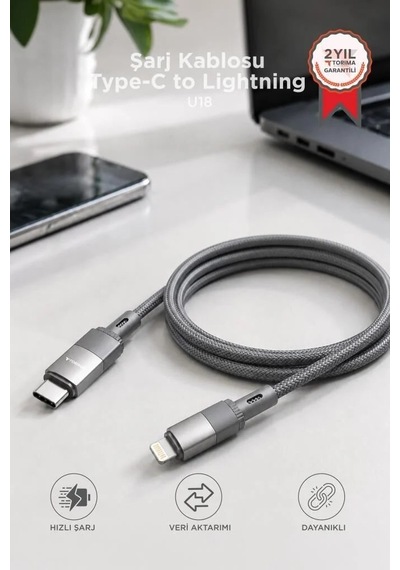 Teknik Parça Aktarım Ucu Telefon Aksesuar Şarj Kablosu Type-c To Lightning Data Kablo U18 Gri