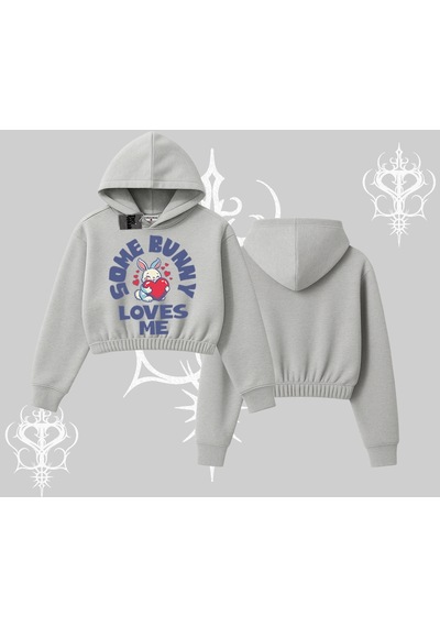 Startmore Kapşonlu Crop Sweatshirt Sevimli Tavşan Some Bunny Loves Me Baskılı Gri