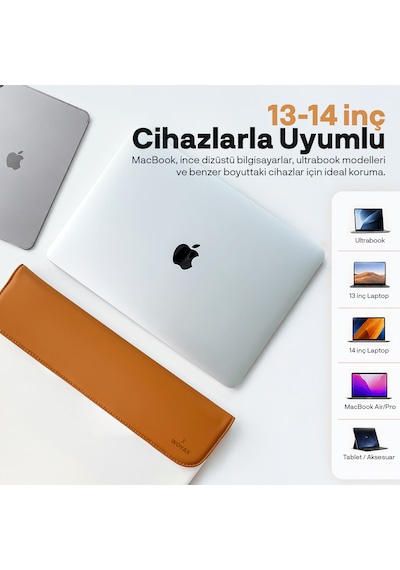 Woyax Cleanfit 13-14 İnç Gri Laptop Çantası Su Geçirmez Apple Macbook Uyumlu Kılıfı Apple iPad Tablet El Çantası Açık Kahverengi