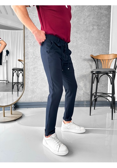 Modefendi İp Ve Düğme Detaylı %100 Gofre Kumaş Jogger Pantolon Lacivert