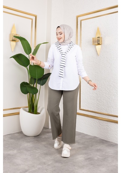 Nevayla Moda Beli Lastikli Keten Pantolon - Haki / A0104 Haki