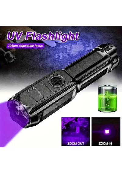Valkyrie 395nm Uv Mor Işık Şarjlı El Feneri 1200mah Batarya, Type-c Şarj, Hafif Ve Güçlü Tasarım Siyah