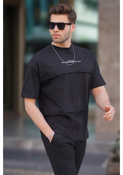 Madmext Siyah Oversize Baskılı Bisiklet Yaka Tişört 7017-siyah Siyah