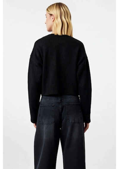 Benerly Kadın Oversize Düğmeli Crop Triko Hırka Yumuşak Dokusuyla Ve Raha Siyah