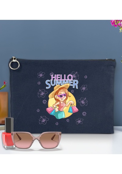 Bk Gift Yaz Temalı-2 Astarlı Lacivert Portföy Çanta 30x21cm, Baskılı El Çantası, Organizer Çanta