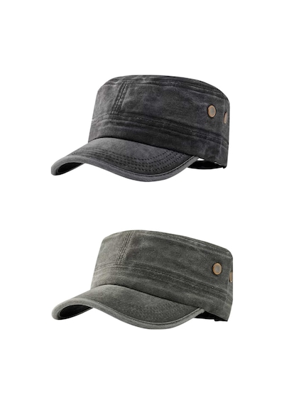 Tezzgelsin Unisex Eskitme Vintage Pamuklu Castro Kep Şapka 2'li Set Siyah - Haki