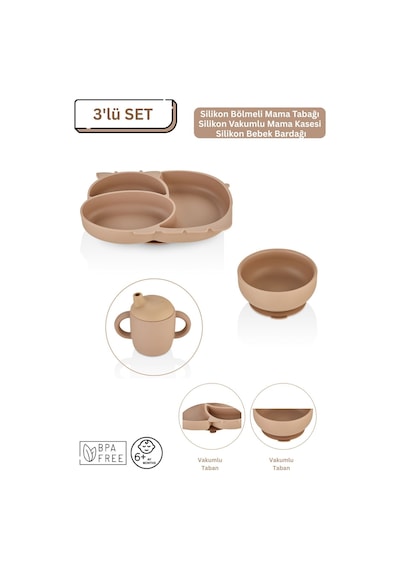 3'lü Silikon Bebek Beslenme Seti / Bölmeli Mama Tabağı / Mama Kasesi / Bebek Bardağı- Moka Mocca