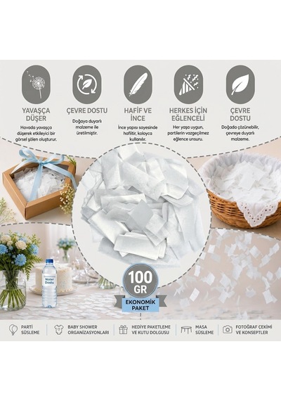 Beyaz Konfeti Pelur 100 Gr, Parti, Düğün Süsü, Masa Süsleme Ve Hediye Paketi Dolgusu Tüm Yaşlar