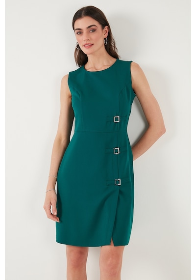 Lela Standart Fit Kemerli Bisiklet Yaka Mini Bayan Elbise 611El1964 Zümrüt