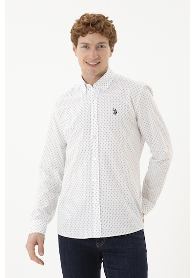 U.S. Polo Assn. Erkek Bej Baskılı Beyaz Gömlek 50288677-VR085 U.S. Polo Assn. Erkek Bej Baskılı Beyaz Gömlek 50288677-VR085