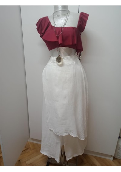 Bohem Stil İtalyan Ham Keten Pantolon Etek-8747 Beyaz