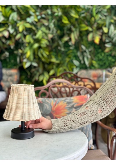 Rattan & Bambu Masa Üstü Kablosuz Pilli Abajur Masa Lambası Siyah