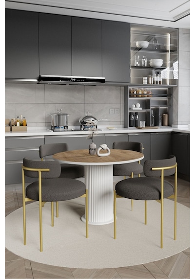 Avvio Elizya Ptt Lake Mdf Ayak 4'lü Teddy Sandalye 90x90 Masa Sandalye Takımı Sandalye Bukle Kumaş Akça
