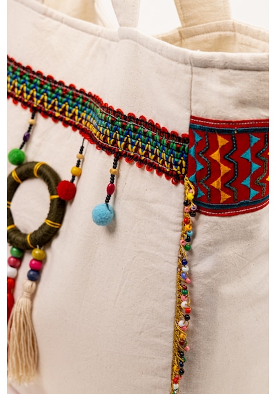 Fabric Craft Bag Omuz Çanta Bohem Detaylı Krem Kanvas 45x40 Cm Astarlı Günlük Çanta