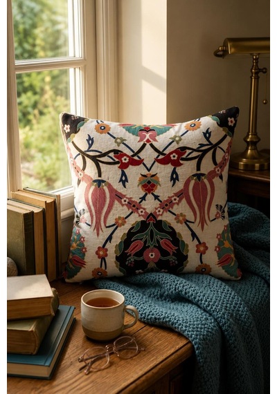 Premium Goblen Nakış Kırlent Kılıf 40 Cm X 40 Cm - 1 Adet Acı Kahve - Pembe