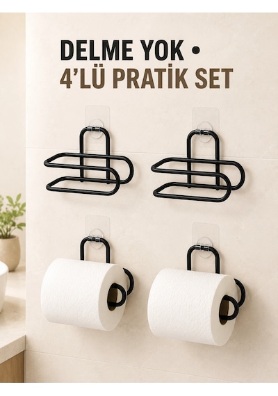 Siyah 4 Adet Metal Tuvalet Kağıdı Tutucu Kendinden Yapışkanlı Delmeden Montaj Banyo Askısı Su