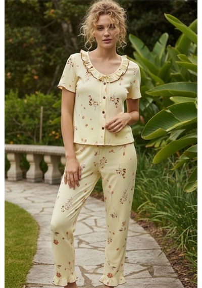 Siyah İnci Bürümcük-krınkıl Düğmeli Pijama Takım26120625 sari