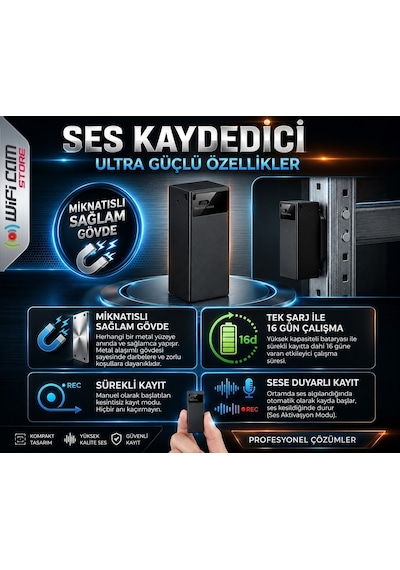 Sese Duyarlı Sensörlü Ses Kayıt Cihazı 16 Gün Şarj Süresi