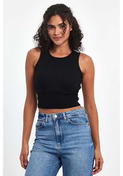 Comeor Kadın Siyah Fitilli Görünümlü Askılı Kalın Esnek Örme Basic Crop Atlet Bluz Cmrb93