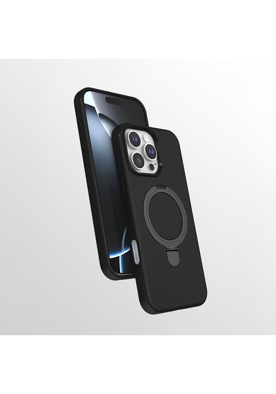 Apple Uyumlu iPhone 16 Pro Max Kılıf 360 Derece Döner Standlı Magsafe Kamera Lens Korumalı Silikon Ata Pro Tech Siyah