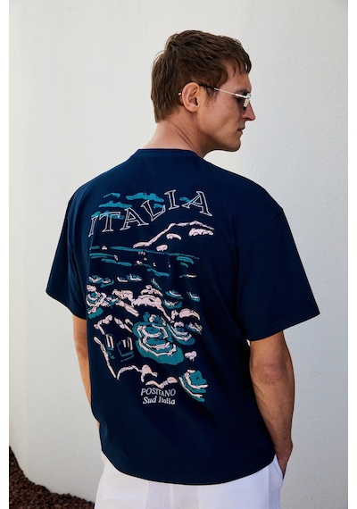 Grımelange ITALIA Erkek %100 Organik Pamuk Ön Arka Baskı Detaylı Oversize Kısa Kol Lacivert T-Shirt