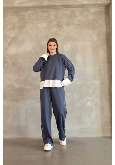 Evoa Kadın Mavi Oversize Gömlek Ve Biye Detaylı İkili Takım İndigo