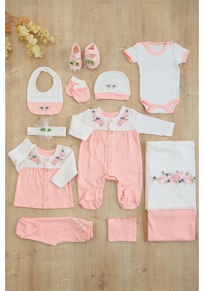 Sitilin Kız Bebek Pembe 10'lu Hastane Çıkışı Natural İşlemeli Set Stl4663 Ekru
