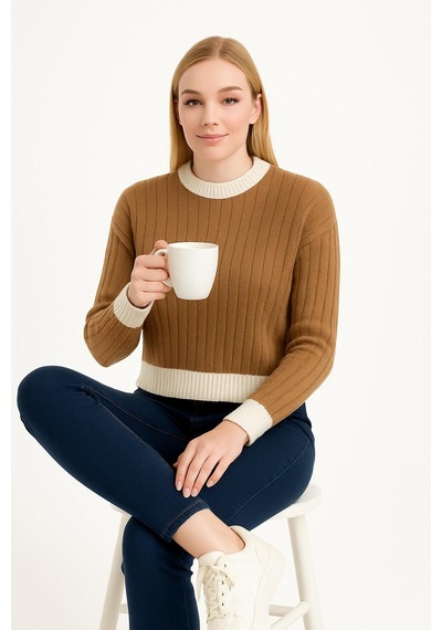 Hira Life Fashion Kadın Bisiklet Yaka Fitili Ve Şerit Detaylı Crop Triko Kısa Kazak Vizon Vizon Hira Life Fashion Kadın Bisiklet Yaka Fitili Ve Şerit Detaylı Crop Triko Kısa Kazak Vizon Vizon