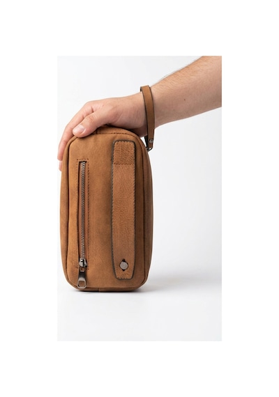 Levano Leather Hakiki Dana Derisi Erkek El Çantası Bilek Askılı El Geçmeli Portföy Organizer Çanta 22x12 Cm Taba
