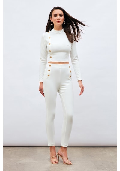 Sateen Düğme Detaylı Pantolon - Ekru-132978 Ekru