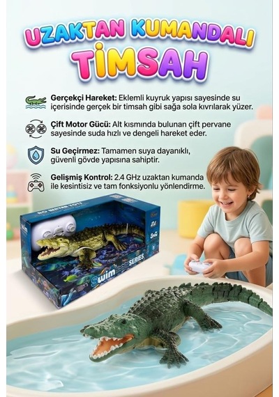 Uzaktan Kumandalı Işıklı Timsah - 2.4 Ghz Su Geçirmez Rc Yüzen Timsah 35 Cm