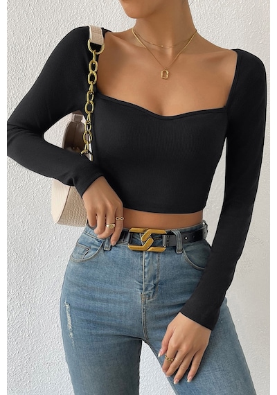 Angbutik Kadın Siyah Uzun Kol Göğüs Dekolteli Şık Crop Top Bluz