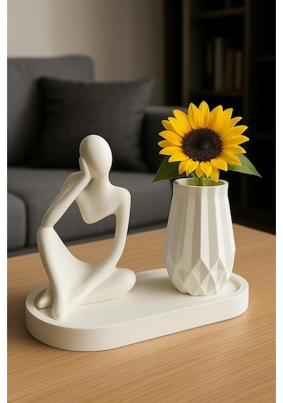 Modern Heykel Ve Vazo Seti 3 Parça Minimalist Dekor Oturan Insan Figürü & Geometrik Vaz Standart
