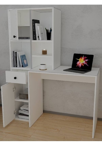 Smyrna Dolaplı Raflı Çekmeceli Kitaplıklı Çalışma Masası Beyaz