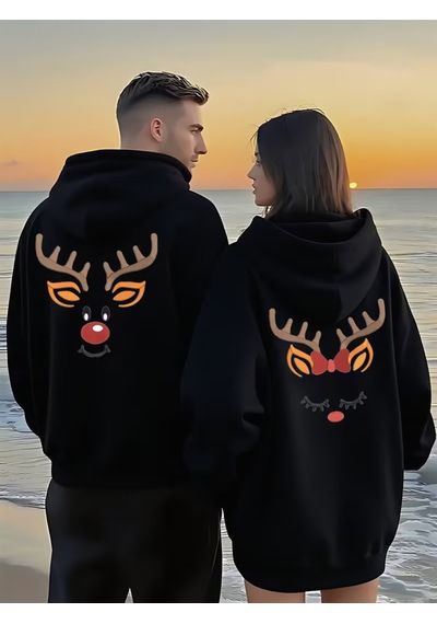 Nevermind Sevgili Çift Kombin Hoodie Geyik Baskılı Çift Kapüşonlu Sweatsh Siyah