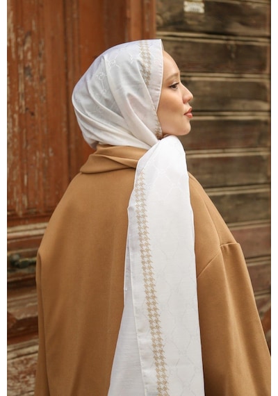 Premium Lux Original Monogram Şal İpek Vual, Yüksek Kalite, Hafif, Rahat, Şık, Tesettür, Shawl Krem