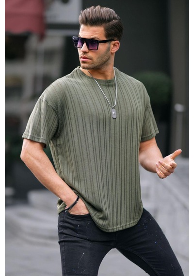 Madmext Haki Oversize Bisiklet Yaka Erkek Tişört 6179-haki Haki