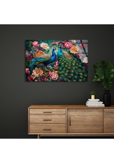 Tavus Kuşu Çiçekler - Cam Tablo - Deg0975 50 X 35 Cm