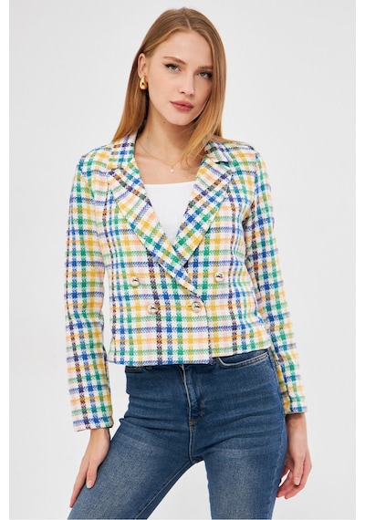 Armonika Kadın Mavi-sarı Kruvaze Yaka Tüvit Crop Ceket Arm-24k001014