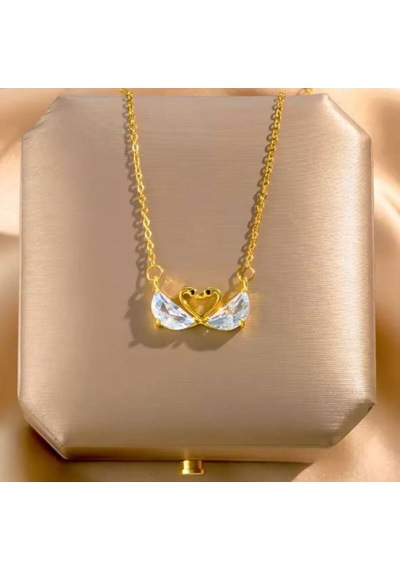 Zirkon Taşlı Kalp Kanatlı Kadın Kolye Gold Renk Paslanmaz Çelik, 55 Cm Işıltılı Tasarım Çelik