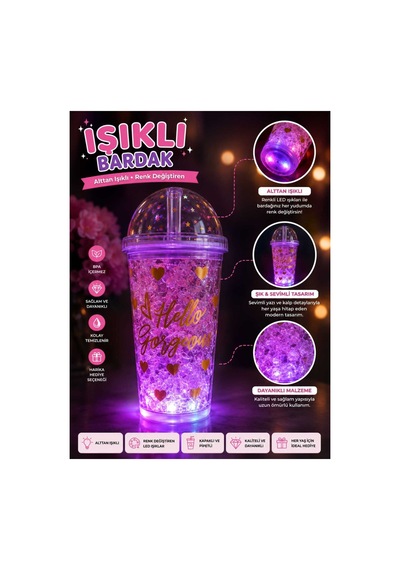 Led Işıklı,pipetli ,simli Pullu Desenli Çocuklara Sevimli İçeçek Bardağı Mor Kalp Mor Kalp