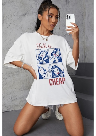 Unisex Talk İs Cheap Baskılı Oversize Tshirt Beyaz