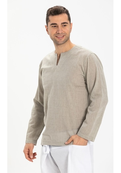 Uzun Kol Şile Bezi Bisiklet Yaka Erkek Tshirt Taş 3031