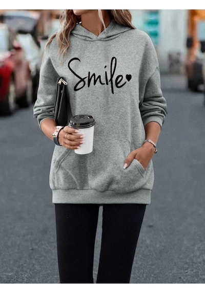 Smile Sweatshirt - Gri Baskılı Oversize Kapüşonlu Gri