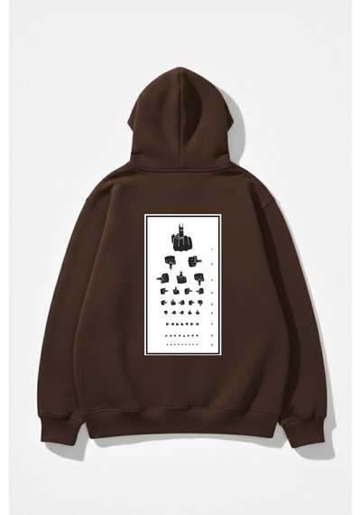 Uyguntarz Unisex Yumuşak Dokulu Göz Testi Baskılı Tasarım Oversize 3 İplik Hoodie Sweatshirt Kahverengi